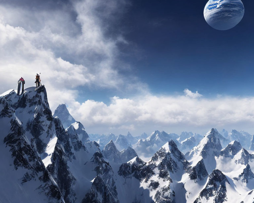 Two individuals on snowy mountain peak under surreal sky with two moons.