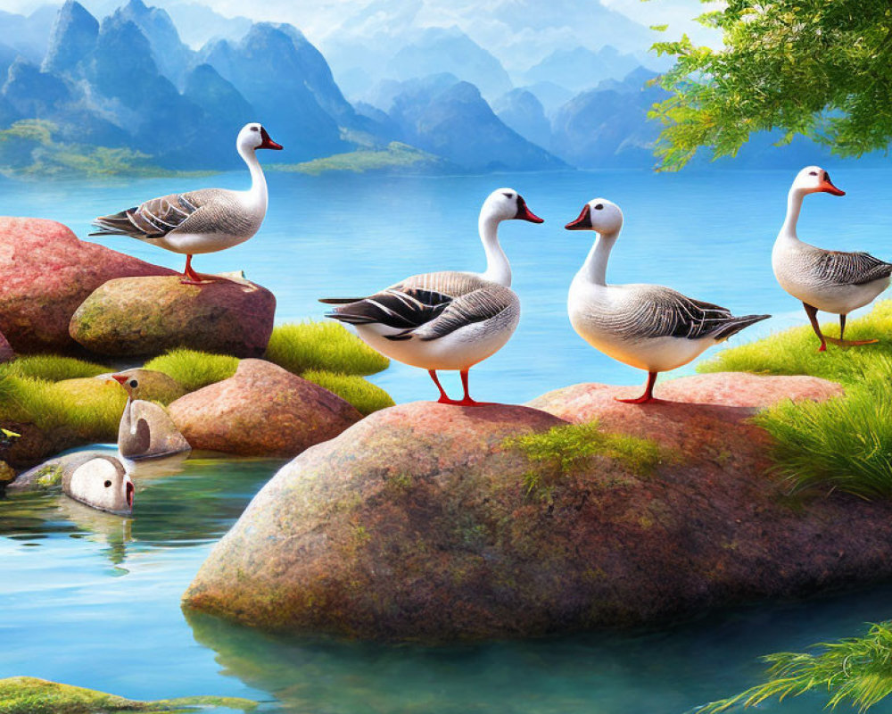 Five Geese on Rocks by Serene Lake with Mountains and Green Foliage
