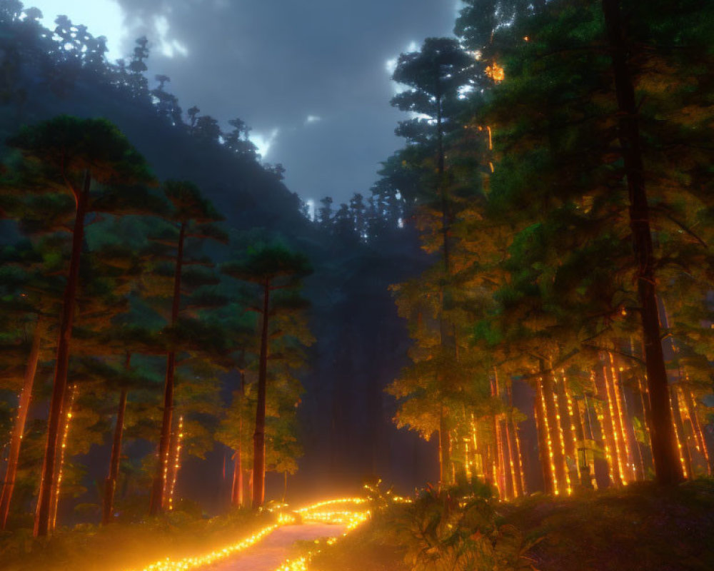 Enchanting forest path with warm glowing lights and pine trees