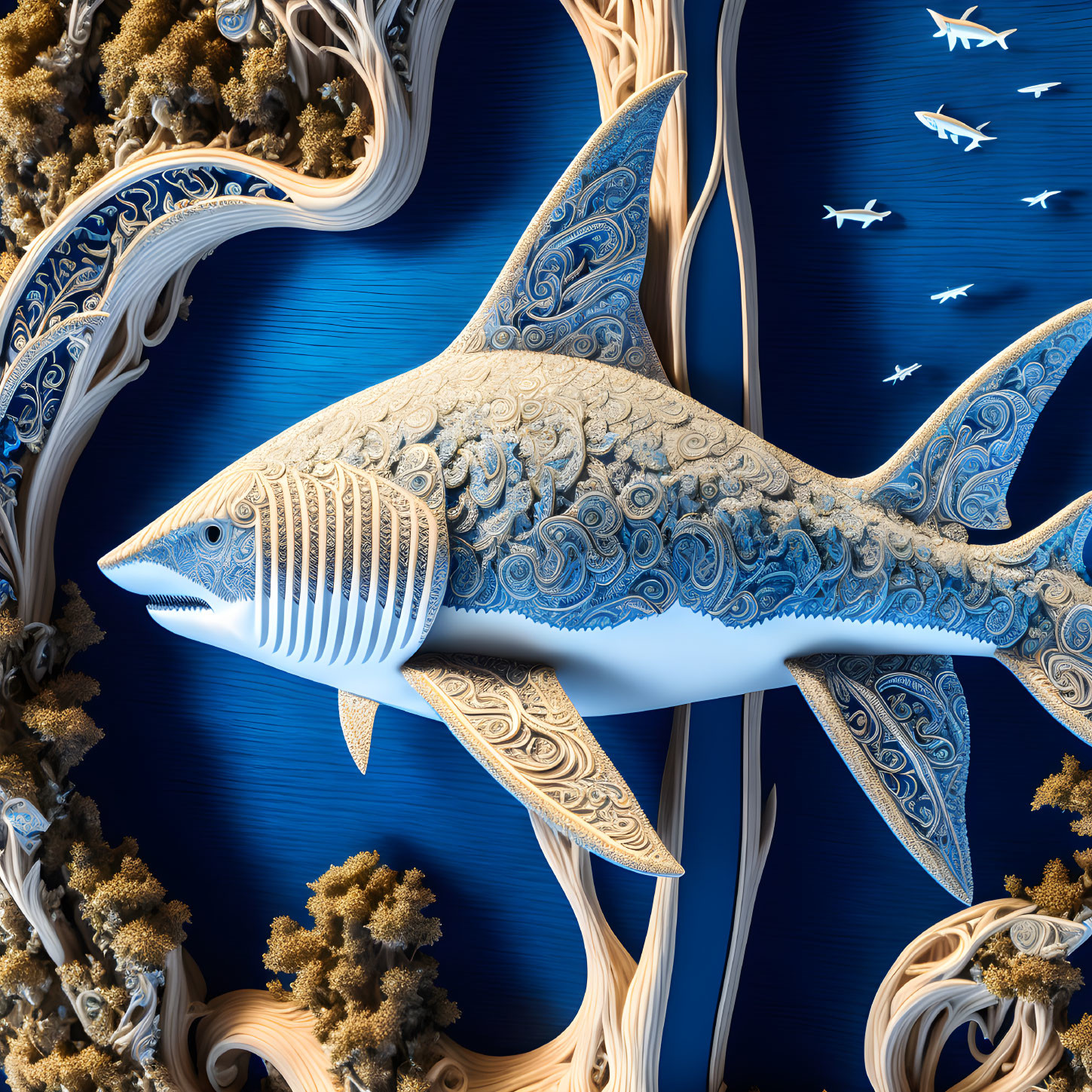 Ornate shark swimming in coral with fish on blue background
