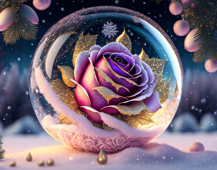 Purple and Pink Rose Snow Globe in Winter Setting