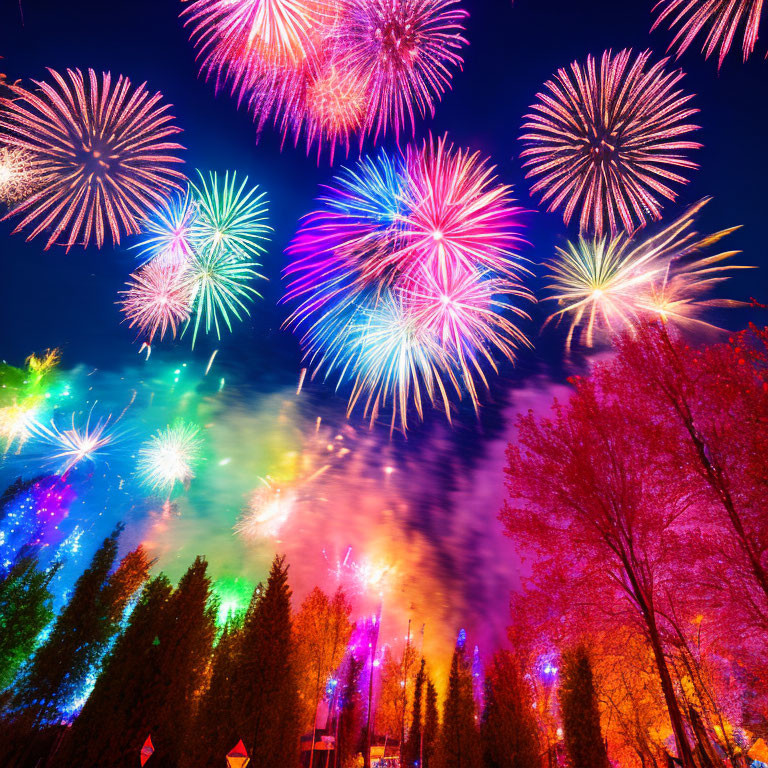 Colorful fireworks display illuminating night sky above silhouetted trees