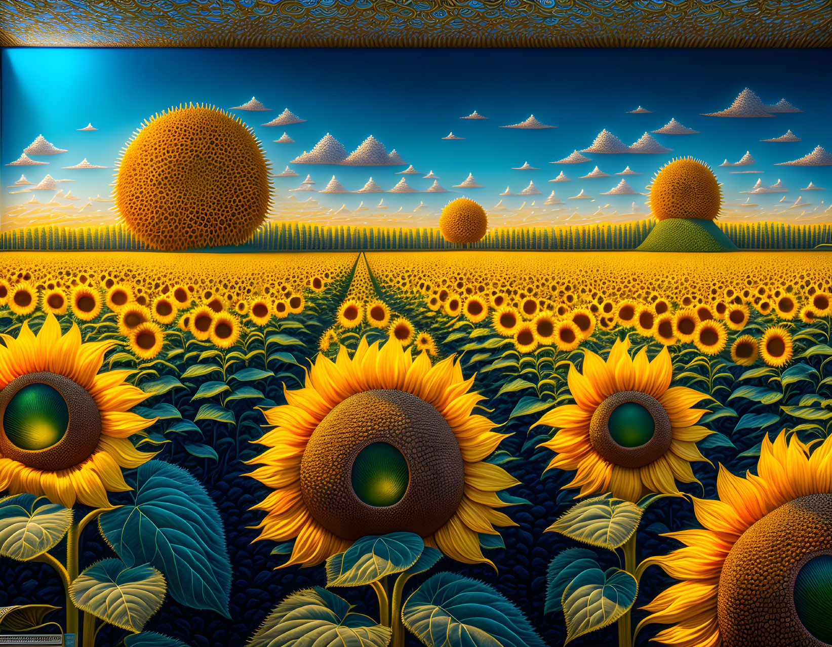 Sunflower Field Under Blue Sky with Setting or Rising Sun