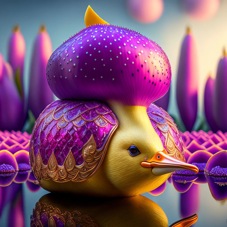 Colorful Duck Artwork with Purple and Gold Body in Pink and Purple Floral Environment