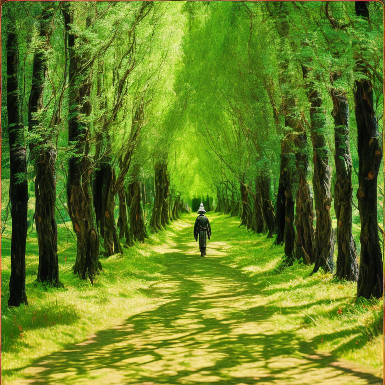 Serene tree-lined path with lush greenery and sunlight-dappled canopy