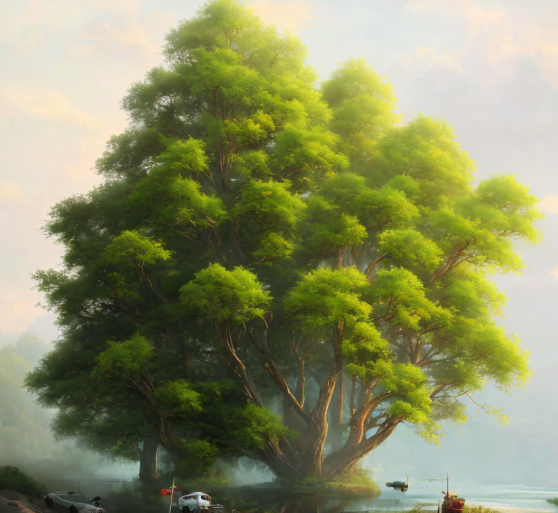 Majestic tree with lush green foliage by tranquil riverbank
