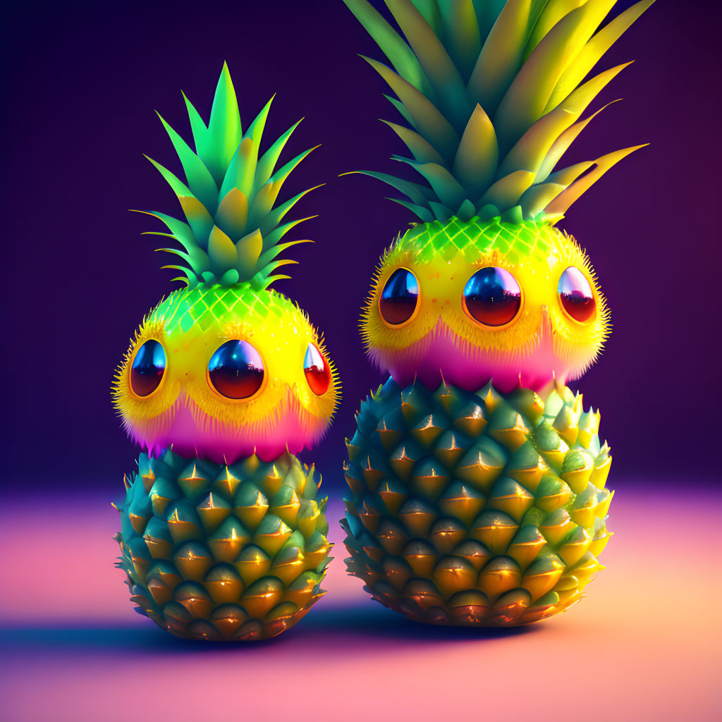 Stylized pineapples with cute faces and large eyes on a colorful purple background
