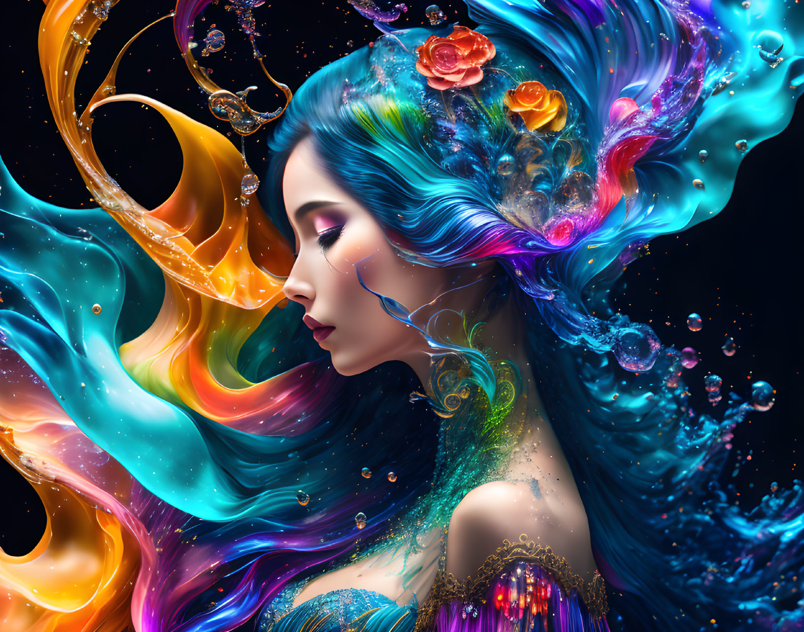 Colorful Woman with Flowing Hair on Dark Background