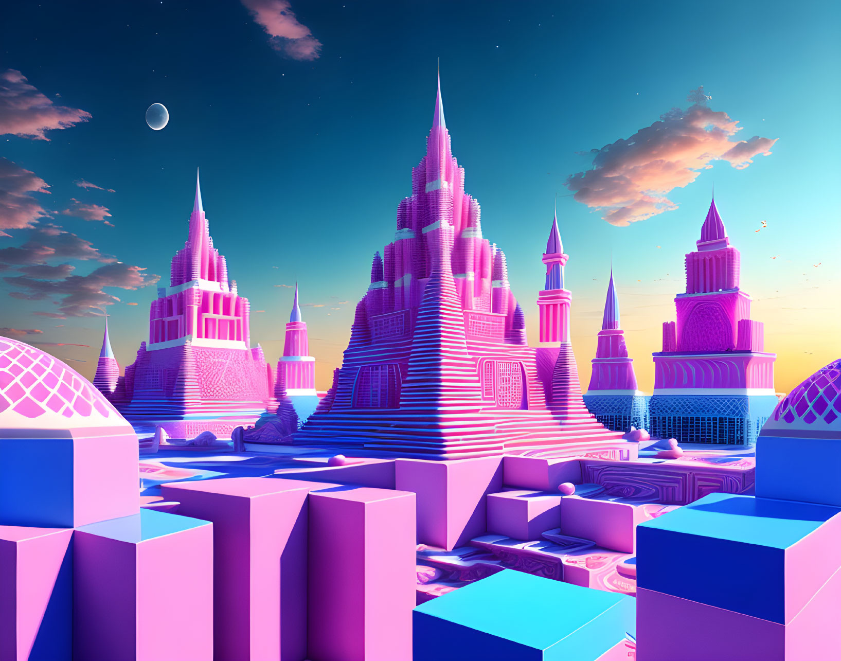 Fantastical neon-pink castle against pastel sky with geometric shapes