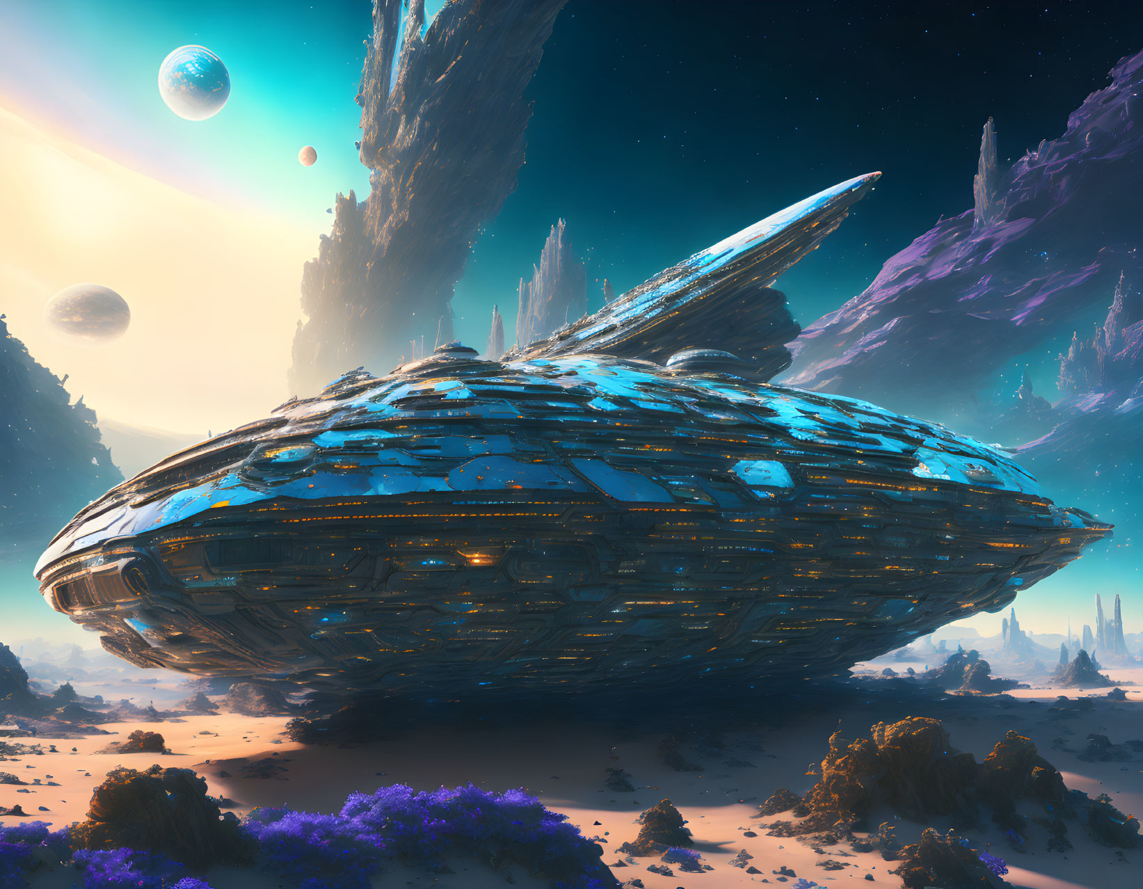 Giant spaceship on alien landscape with purple flora and towering rocks