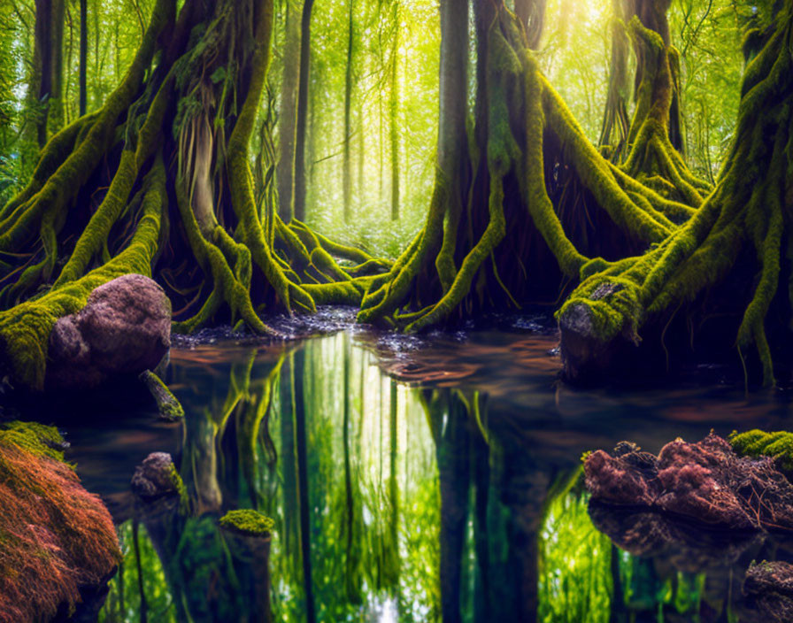 Tranquil forest scene with moss-covered tree roots and glassy stream