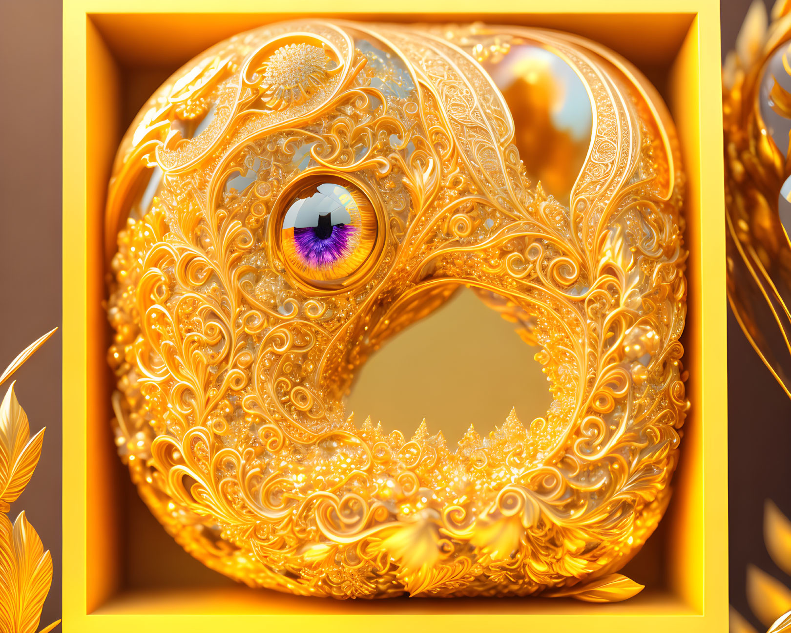 Intricate Golden Fractal Swirl with Reflective Sphere and Warm Background