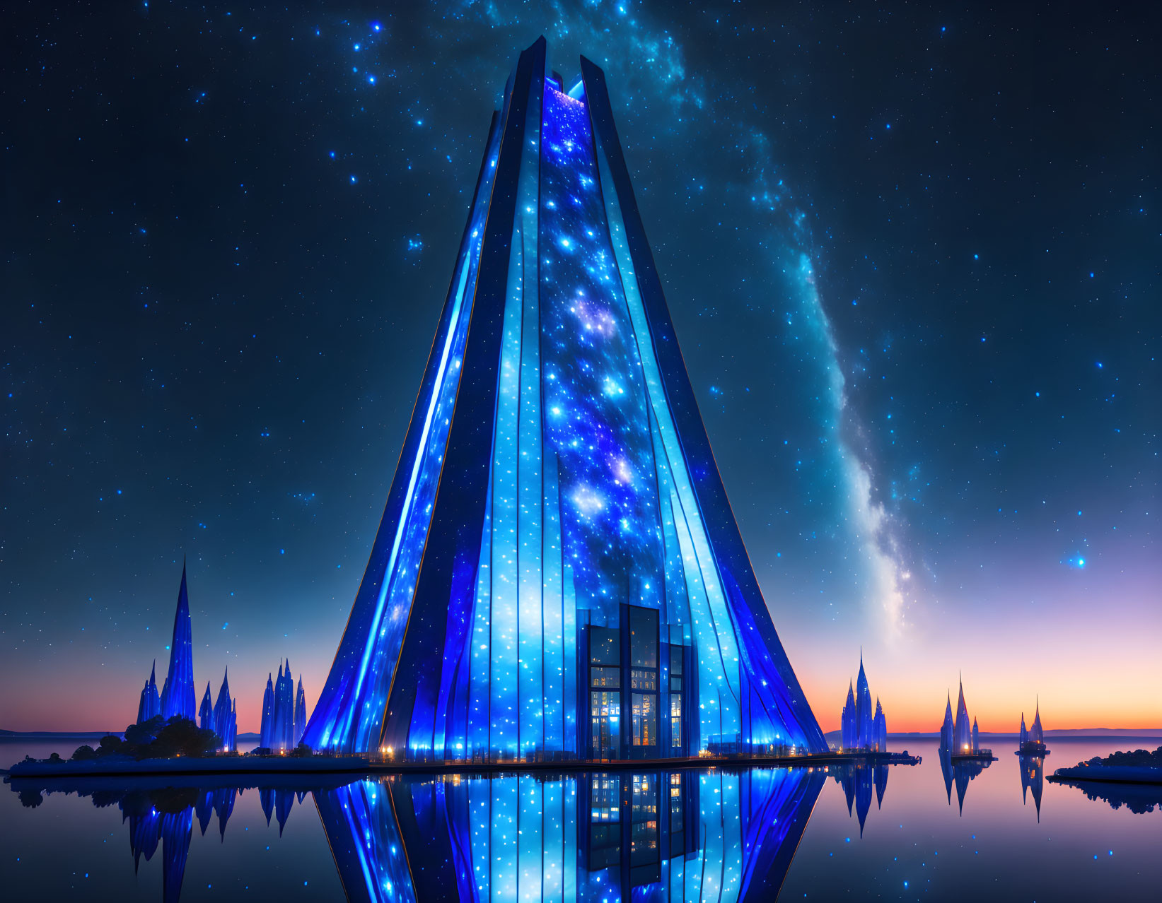 Futuristic skyscraper with glowing blue facade under starry night sky