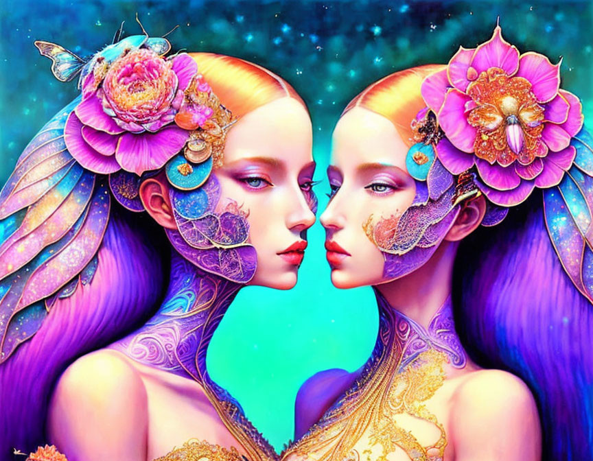 Mirrored female figures with purple hair and floral ornaments in celestial setting