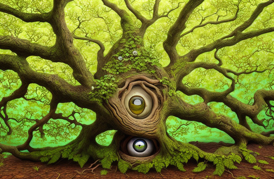 Illustration of large tree with human-like eye in trunk hollow and base, vibrant green foliage