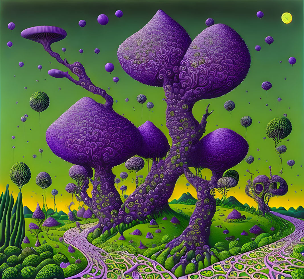 Surreal psychedelic landscape with purple mushrooms and floating orbs