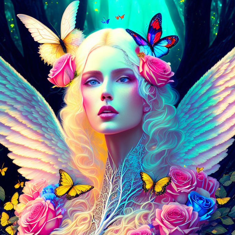 Fantasy image of winged woman with blond hair in a blue forest