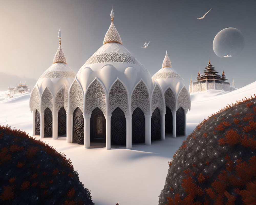 Fantasy white palace in snowy landscape with red-leafed bushes and distant temple.