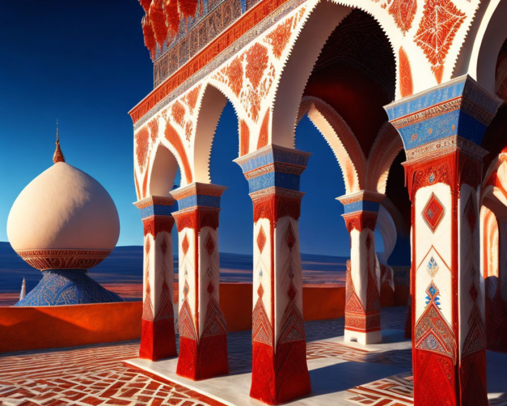 Intricate architectural columns and arches with white dome against blue sky