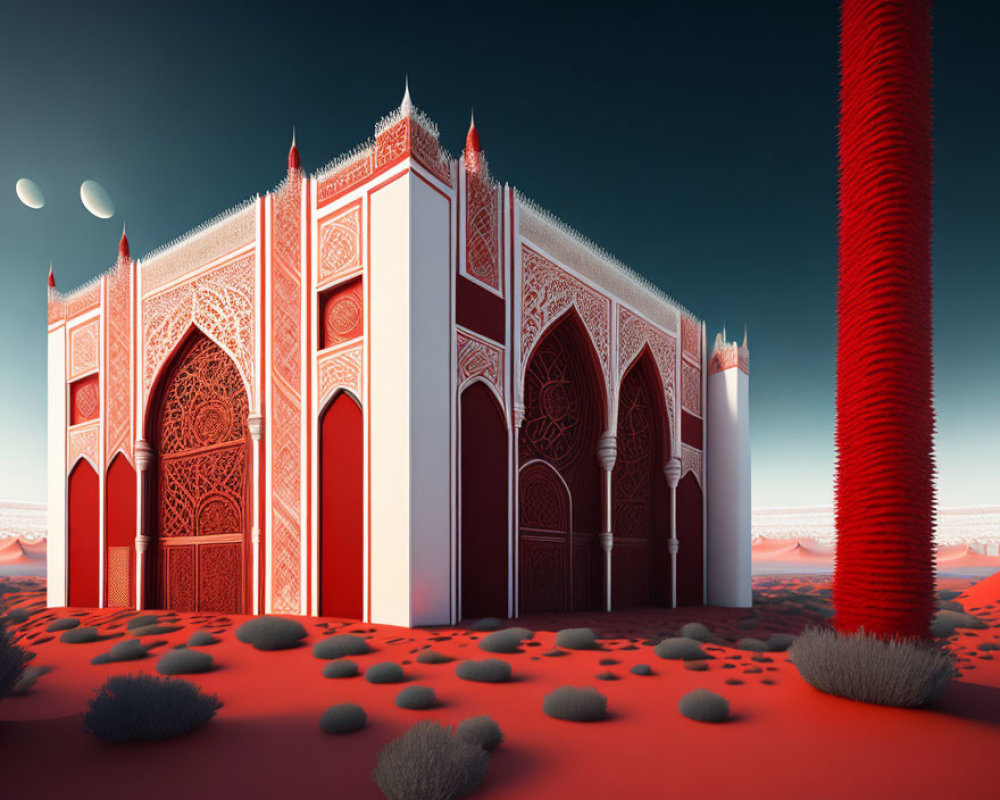 Intricate red and white palace in desert with two moons
