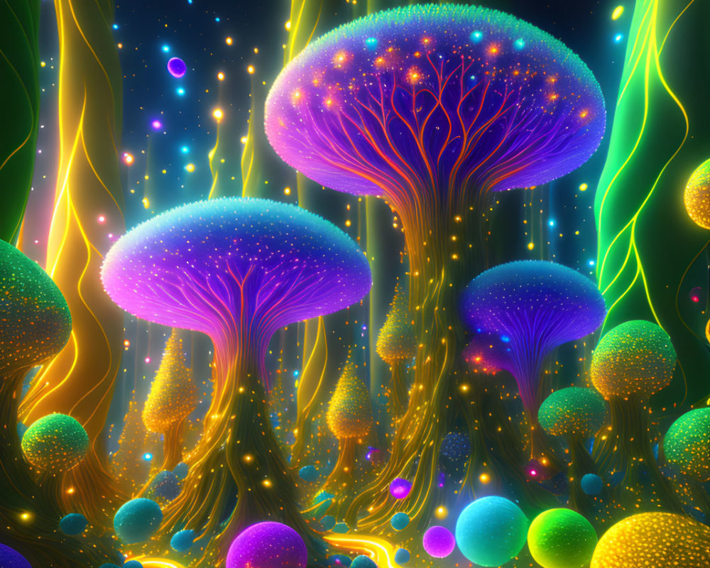 Fantastical forest scene with glowing mushrooms and neon plant life
