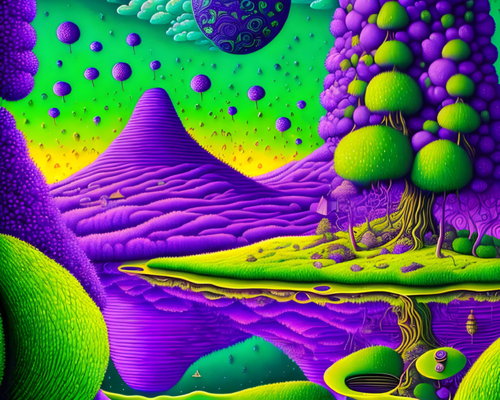 Colorful Psychedelic Landscape with Purple Mountains and Floating Orbs