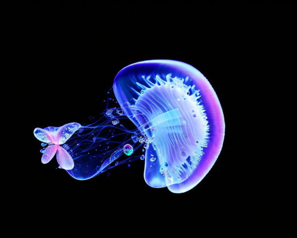 Blue jellyfish with delicate tentacles on black background
