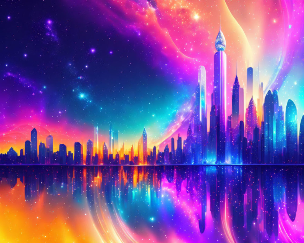 Futuristic city skyline with neon colors and starry sky over tranquil water.