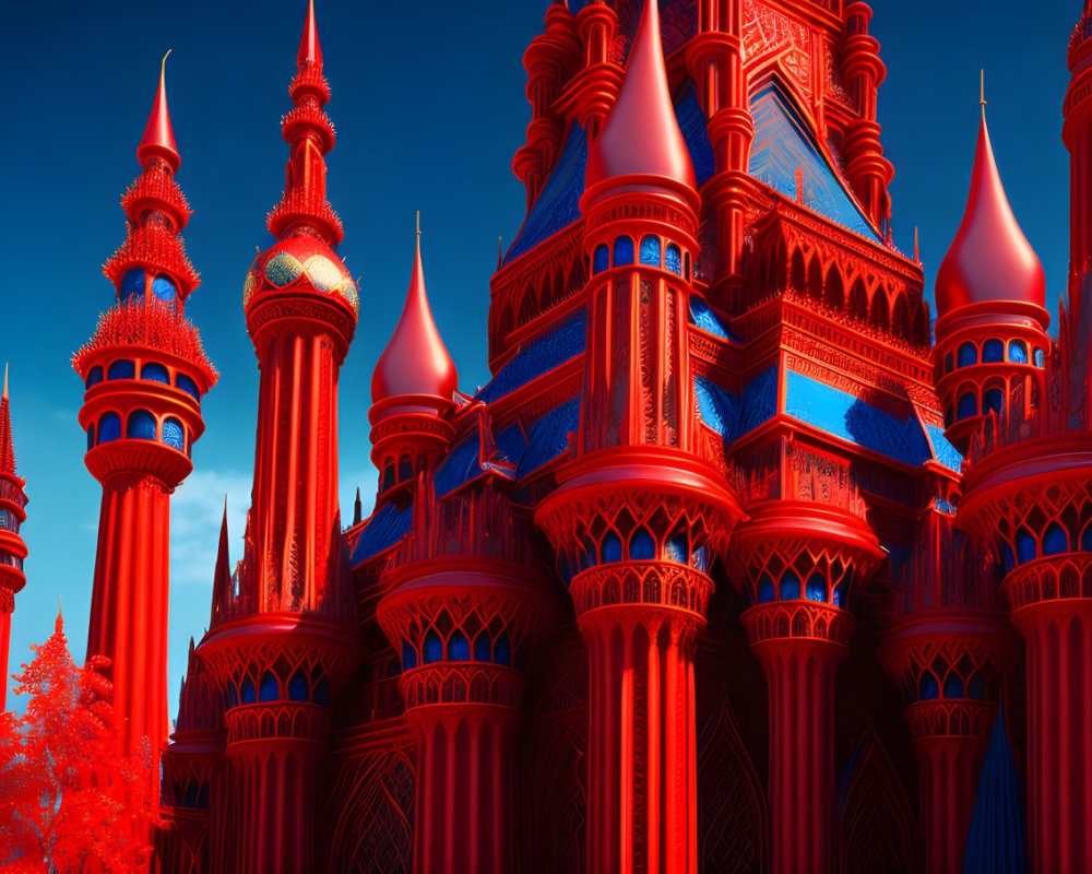 Vibrant infrared image of fairytale-like castle with pointed spires in deep red and blue