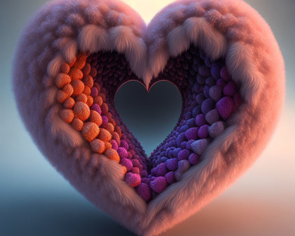 Pink and Orange Gradient Fluffy Heart with Heart Cutout on Soft-Lit Background