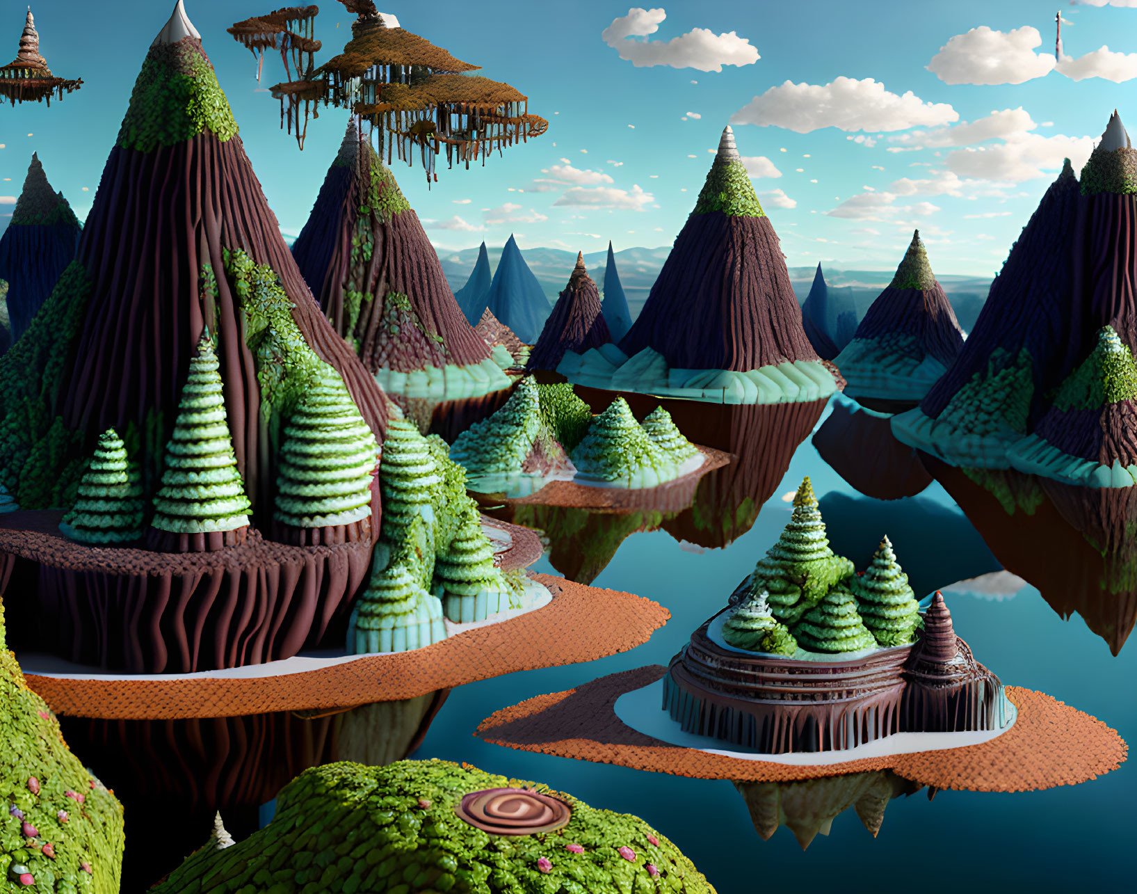 Fantastical landscape with conical mountains, reflective water, lush trees, and floating islands above tranquil