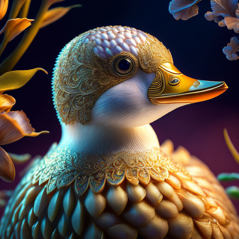 Intricate Golden Patterned Duck Art with Dark Floral Background