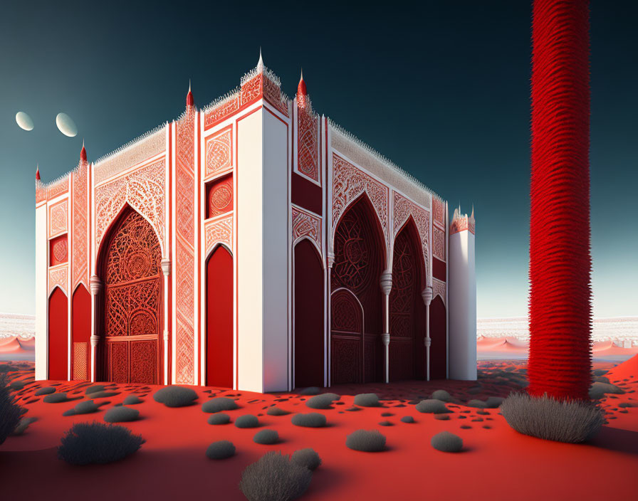 Intricate red and white palace in desert with two moons