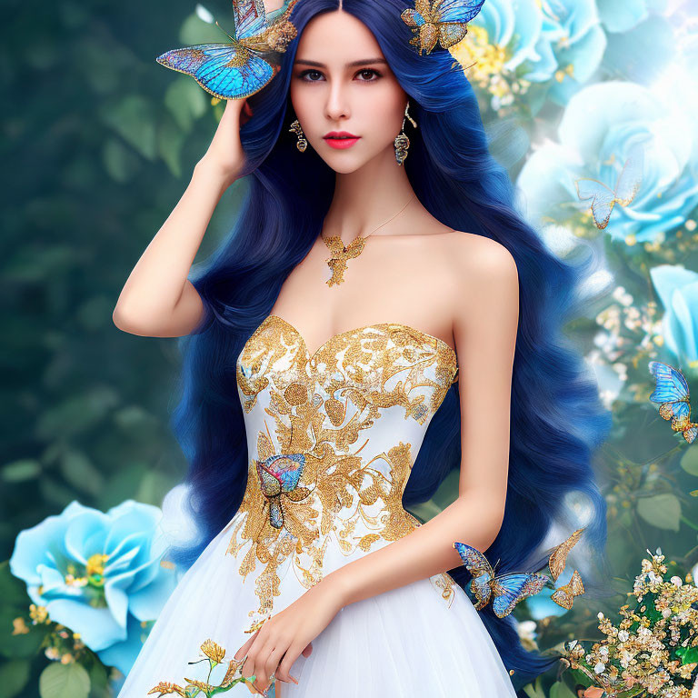 Fantastical woman with blue hair in gold-embellished dress among flowers