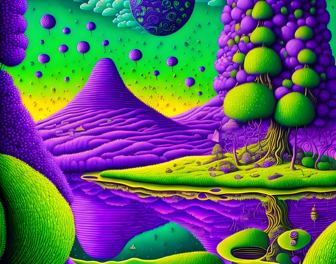 Colorful Psychedelic Landscape with Purple Mountains and Floating Orbs