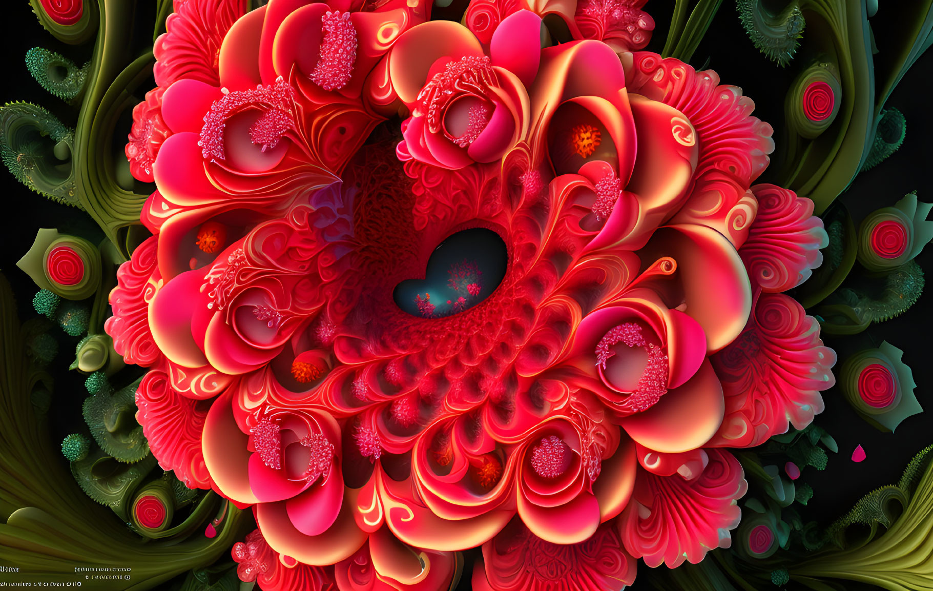 Colorful Heart-Shaped Digital Artwork with Floral and Fractal Elements