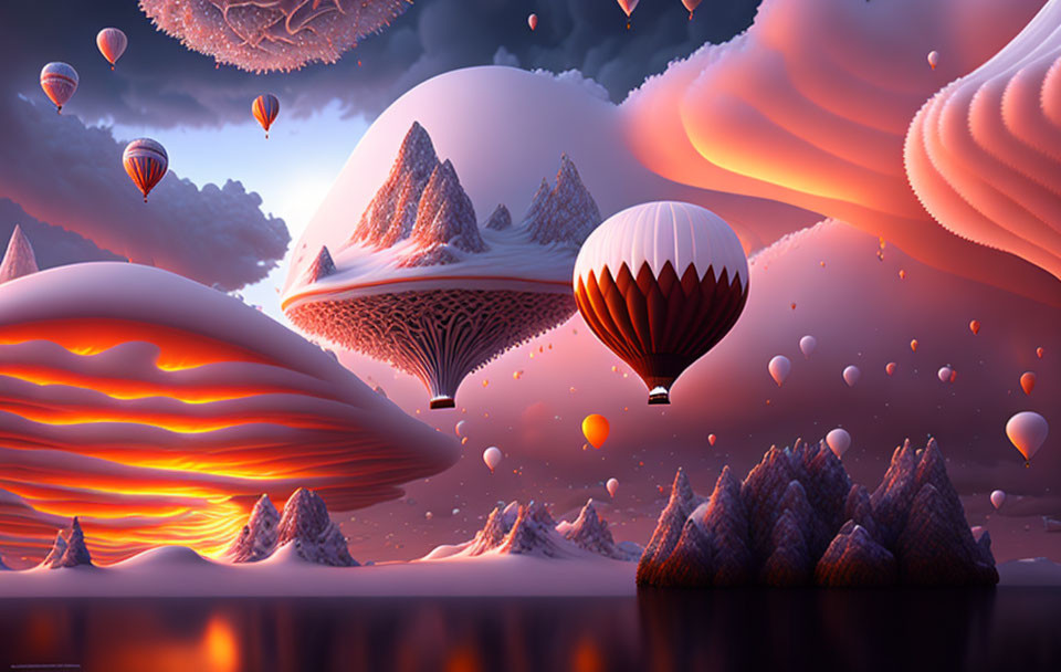 Surreal landscape with floating islands, hot air balloons, glowing mountains