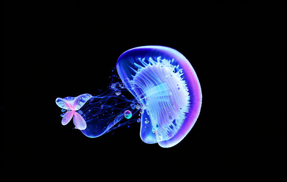 Blue jellyfish with delicate tentacles on black background