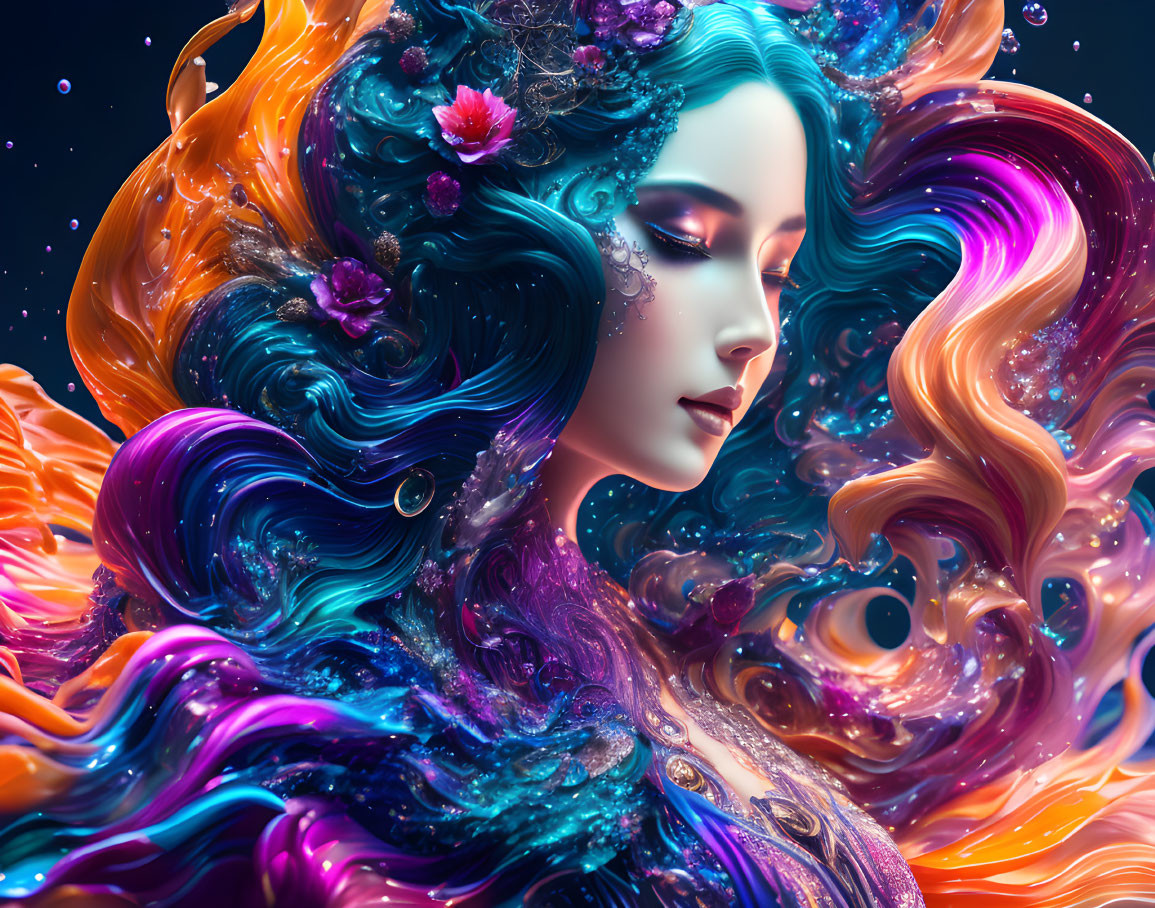Colorful digital artwork of woman with flowing, flower-adorned hair on dark blue backdrop