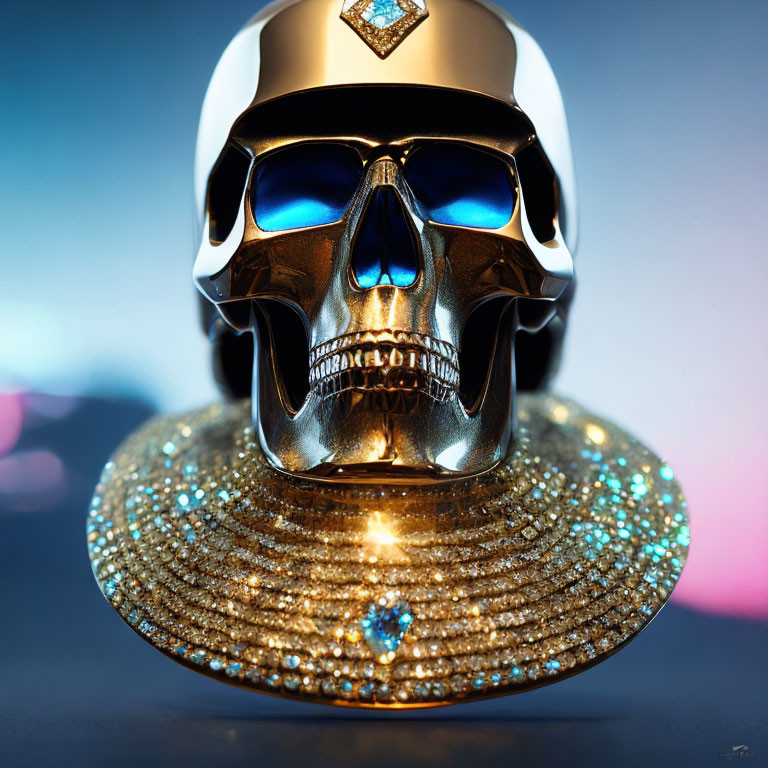 Polished Metallic Skull with Blue Gemstone Eyes and Crown on Sparkling Base