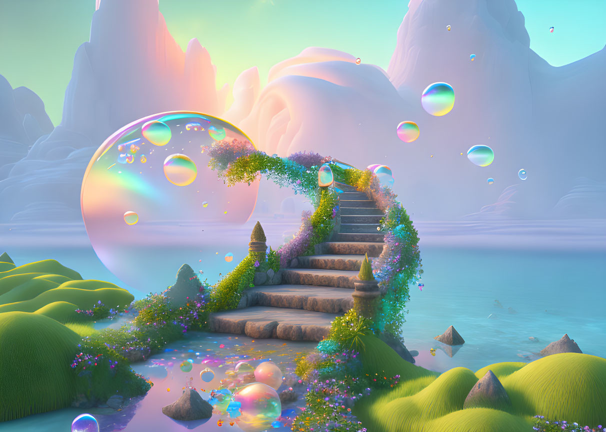 Fantasy landscape with stone staircase, arch, greenery, soap bubbles, pastel sky