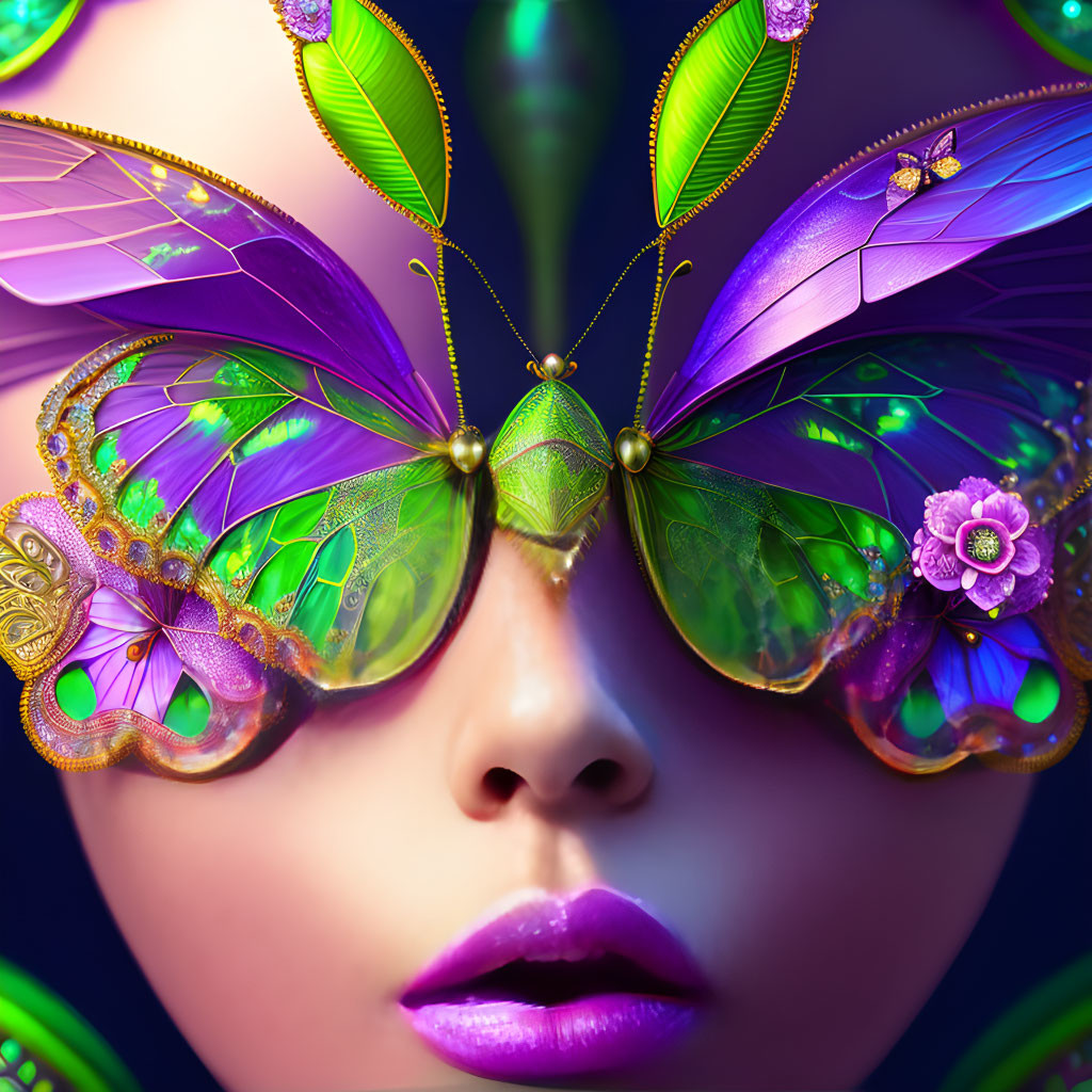 Colorful digital artwork: Woman in butterfly sunglasses, purple lips, ornate jewelry on dark background