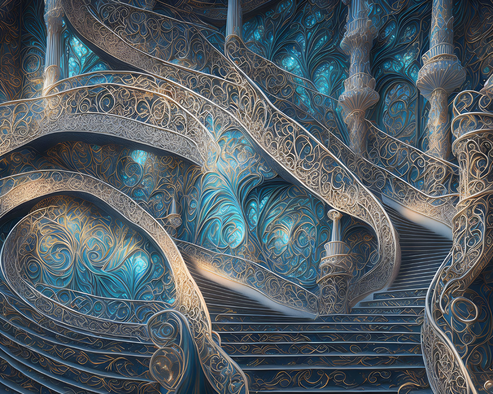 Intricate fractal image: Ornate blue and gold staircases