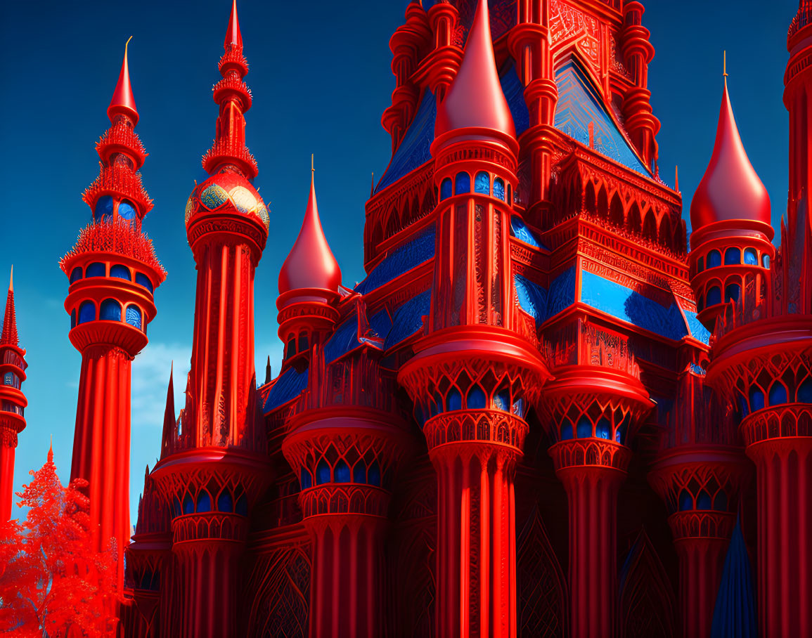 Vibrant infrared image of fairytale-like castle with pointed spires in deep red and blue