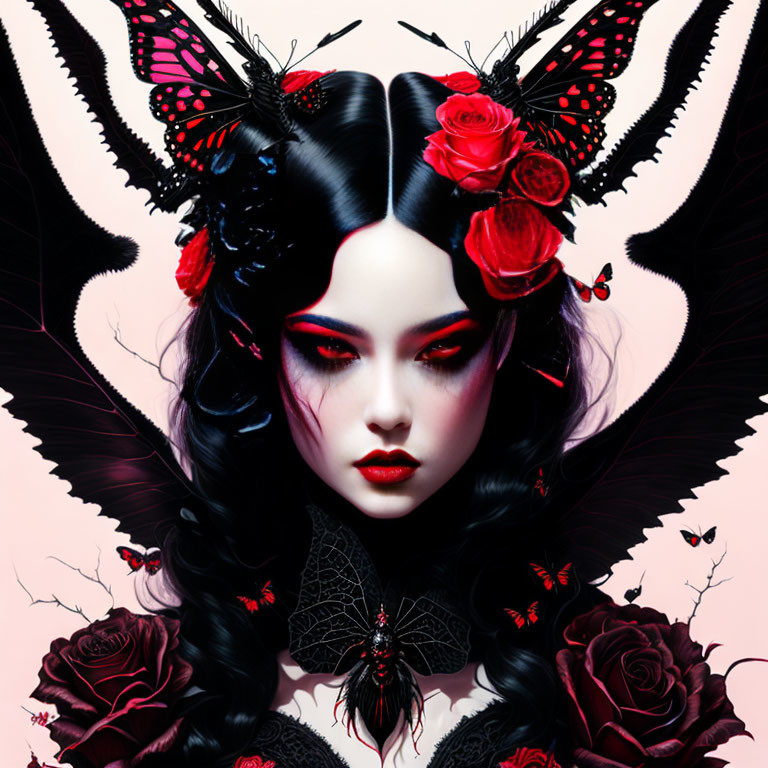 Gothic-inspired surreal portrait of pale woman with red and black makeup, roses, and butterfly motifs