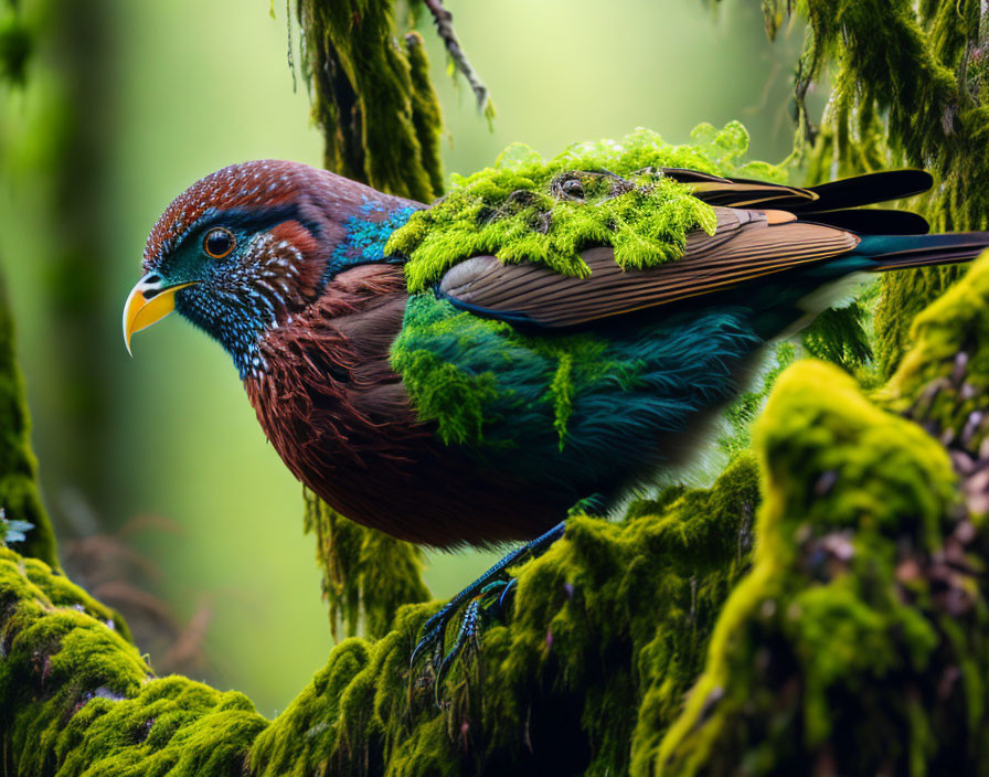 Colorful bird with blue and rust feathers on mossy branches in lush forest