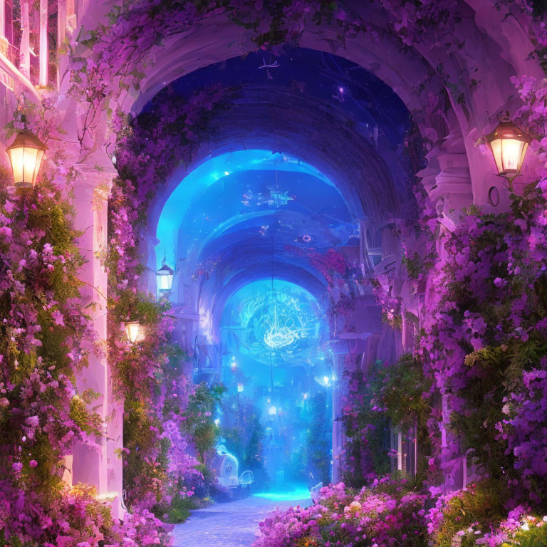 Enchanting archway with pink flowers, lanterns, and mystical blue glow