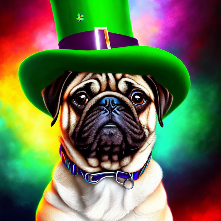 Pug in Green Top Hat with Shamrock Emblem on Rainbow Background