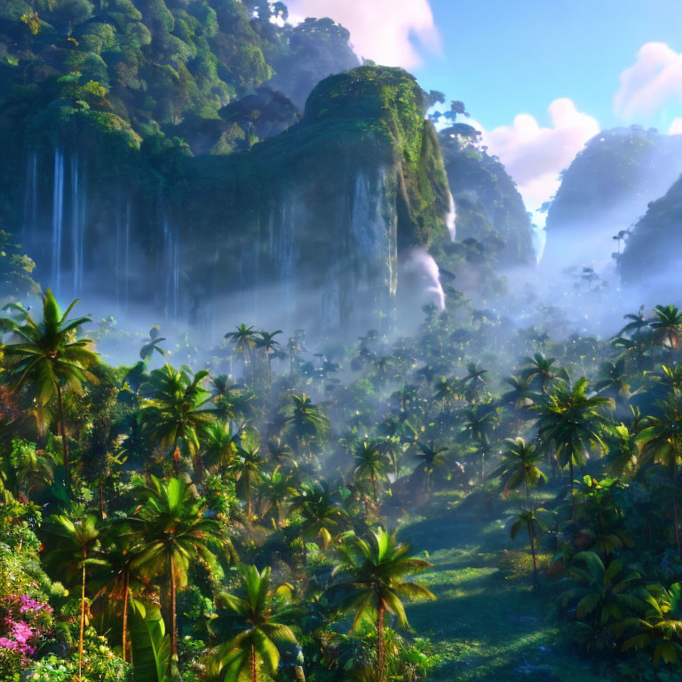 Tropical jungle with waterfalls, greenery, mist, palm trees, mountains, and sky