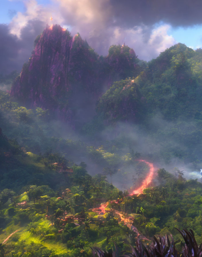 Majestic misty peak above tropical forest with lava river